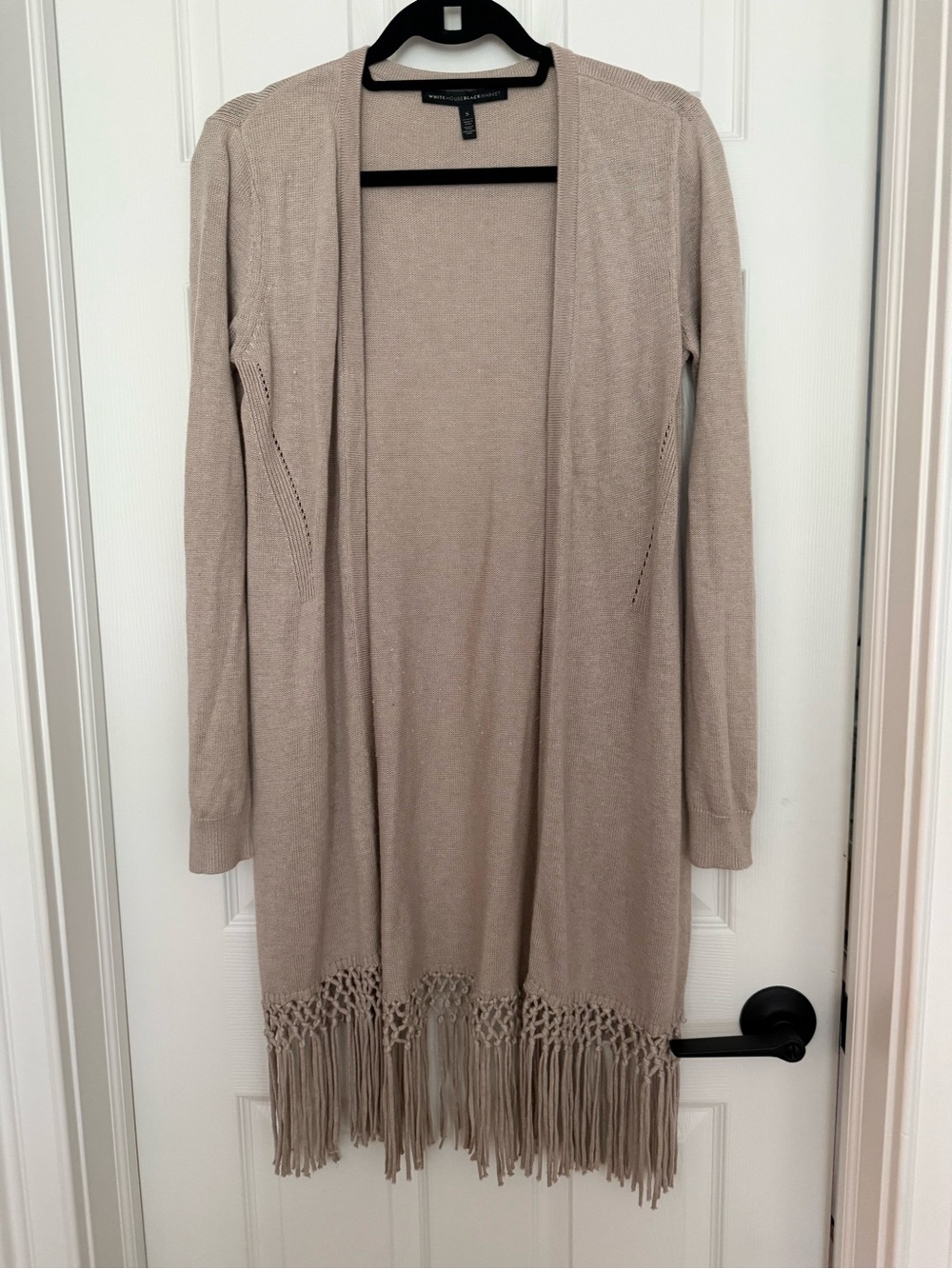 White House Black Market Taupe Fringe Open-Front Long Cardigan